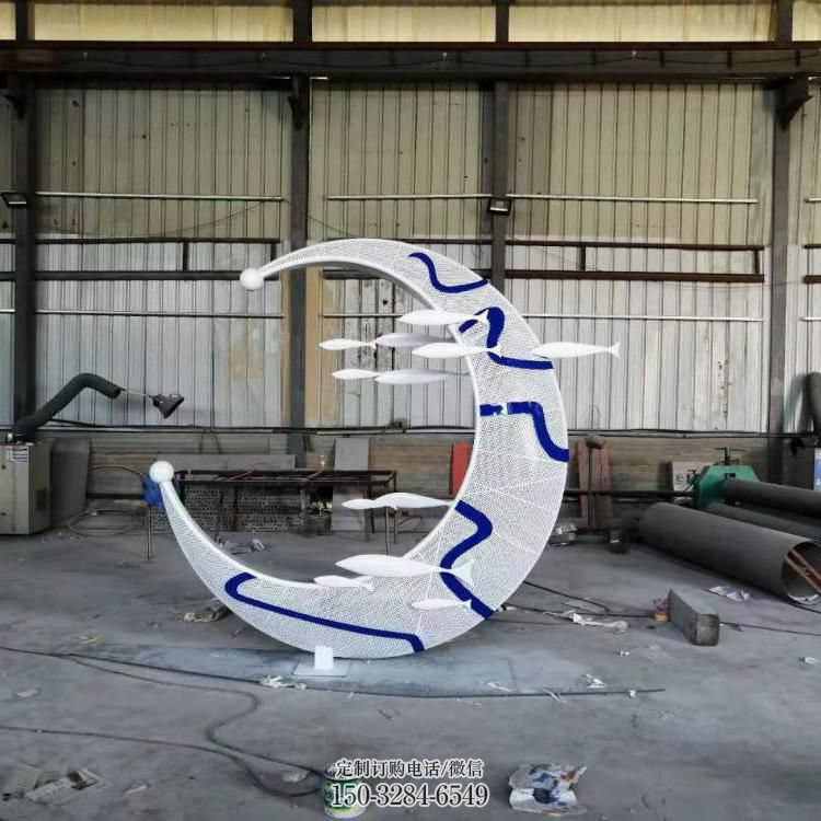 月亮雕塑，青花瓷文化雕塑，不銹鋼材質(zhì)制作